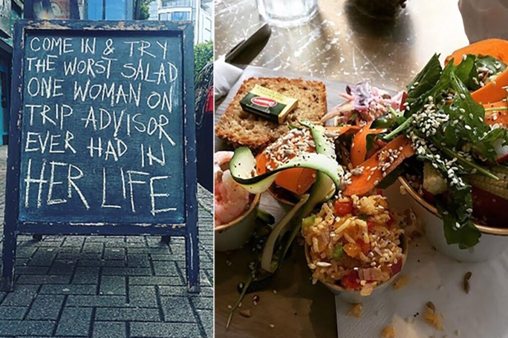 Bild vom The Harlem Café mit der Kreidetafel vor dem Eingang auf der die Besitzerin "come in & try the worst Salat one woman on TripAdvisor ever had in her life"