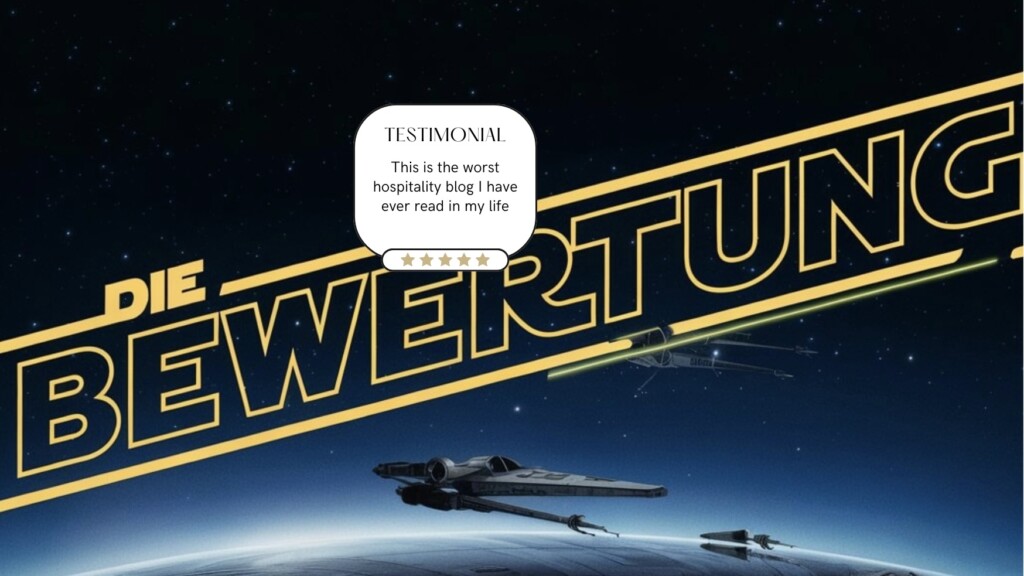Filmtitel "Die Bewertung" mit einem typischen badge einer online review, diese mit dem Text "this is the worst hospitality blog I have ever read in my life"