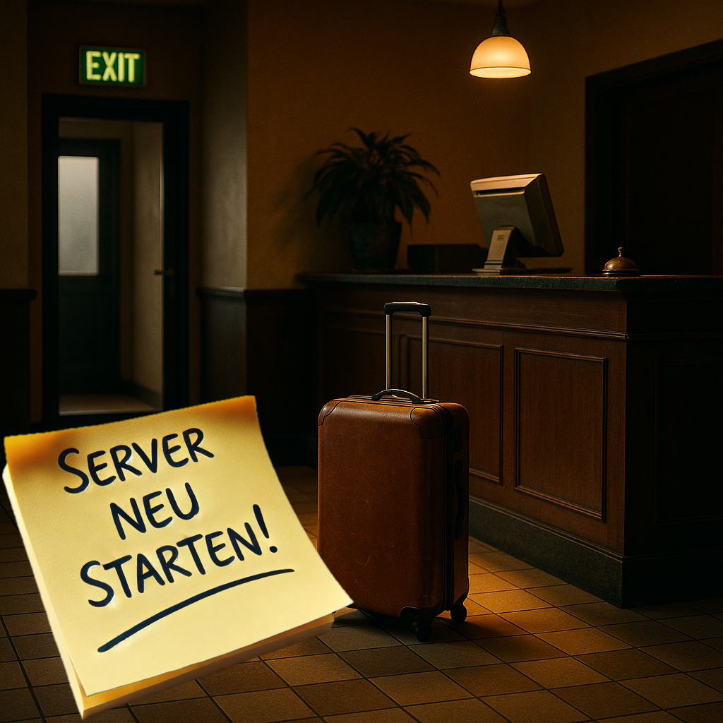 Eine klassische Hotelrezeption, davor ein Koffer, keine Menschen zu sehen, im Vordergrund ein Block post-its, auf dem obersten die Notiz "Server neu starten!": Visualisierung des Artikelthemas "Gehen oder Bleiben"