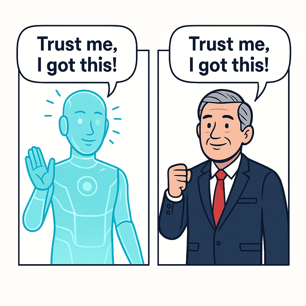 Visualisierung von menschlichen und künstlichen Kollegen die beide sagen "Trust me, I got this!"