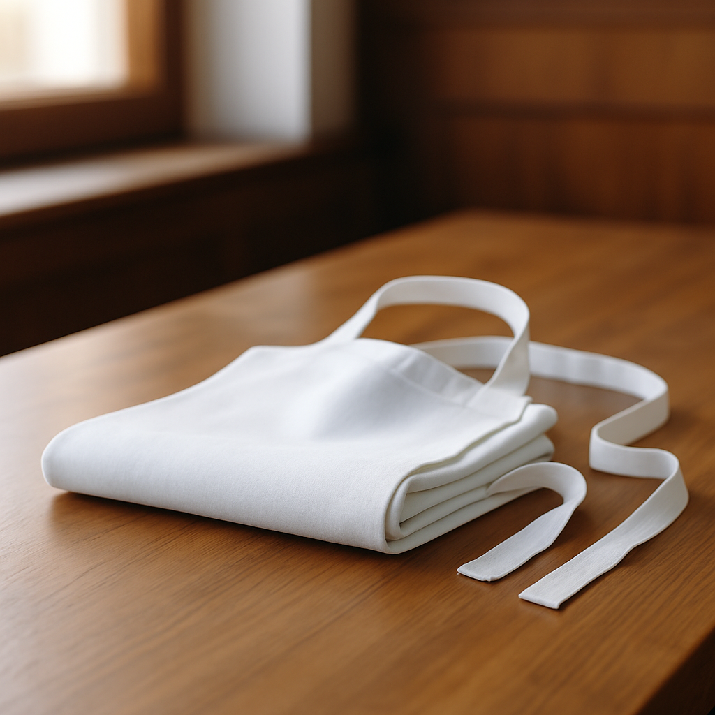 Visualisierung des Abgangs des letzten Tellerwäschers, die gefaltete zurückgelegte weiße Schürze am Tisch des Chefs